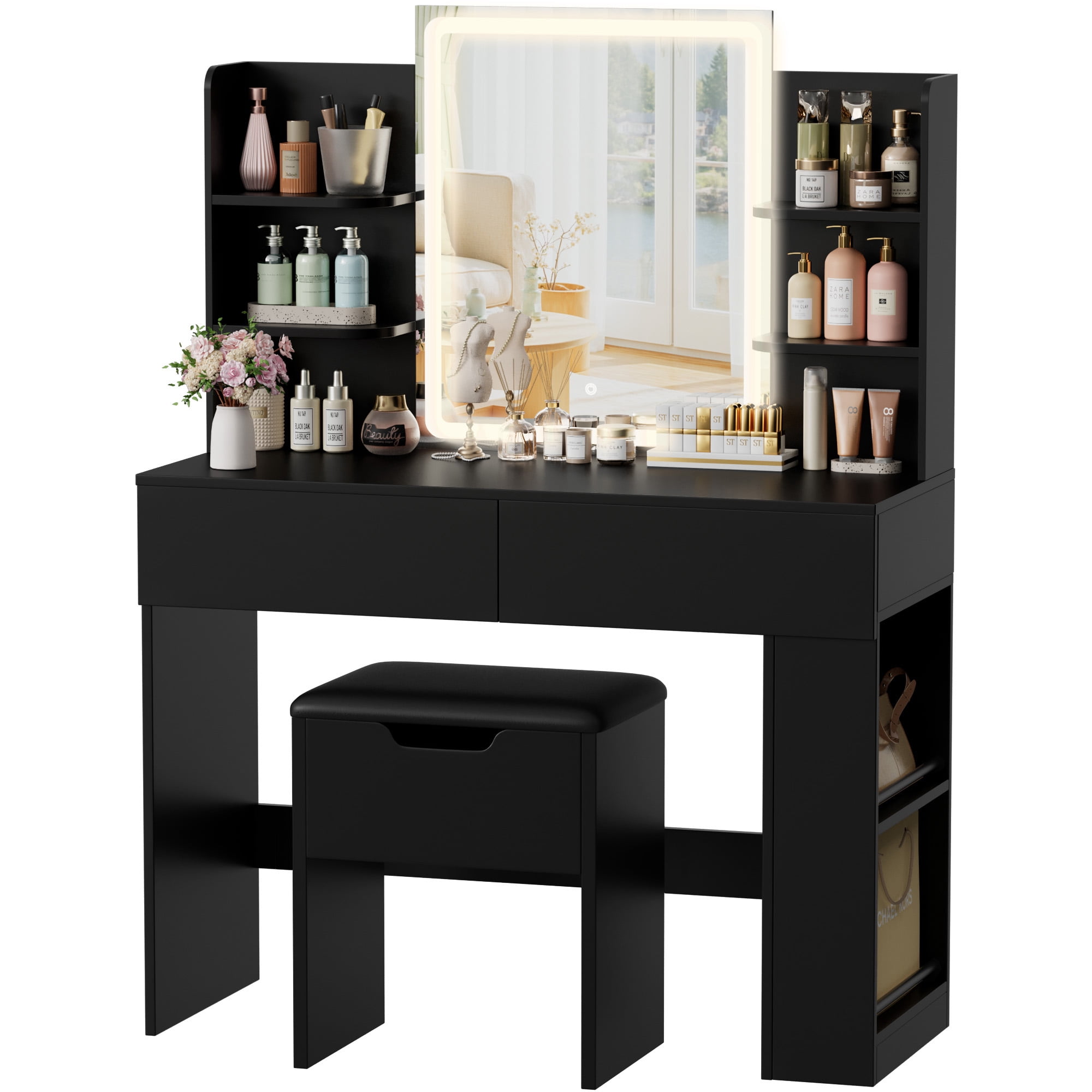 Homall Vanity Desk Set with 3 Colors LED Lighted Mirror, Makeup Vanity with Stool, Storage Shelves and Drawers, Vanity Table Dressing Table for Bedroom, Black