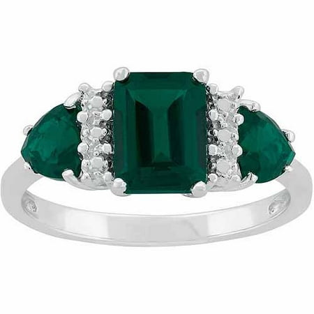 Created Emerald Sterling Silver Side Trillions and Emerald-Cut Center Three-Stone Ring