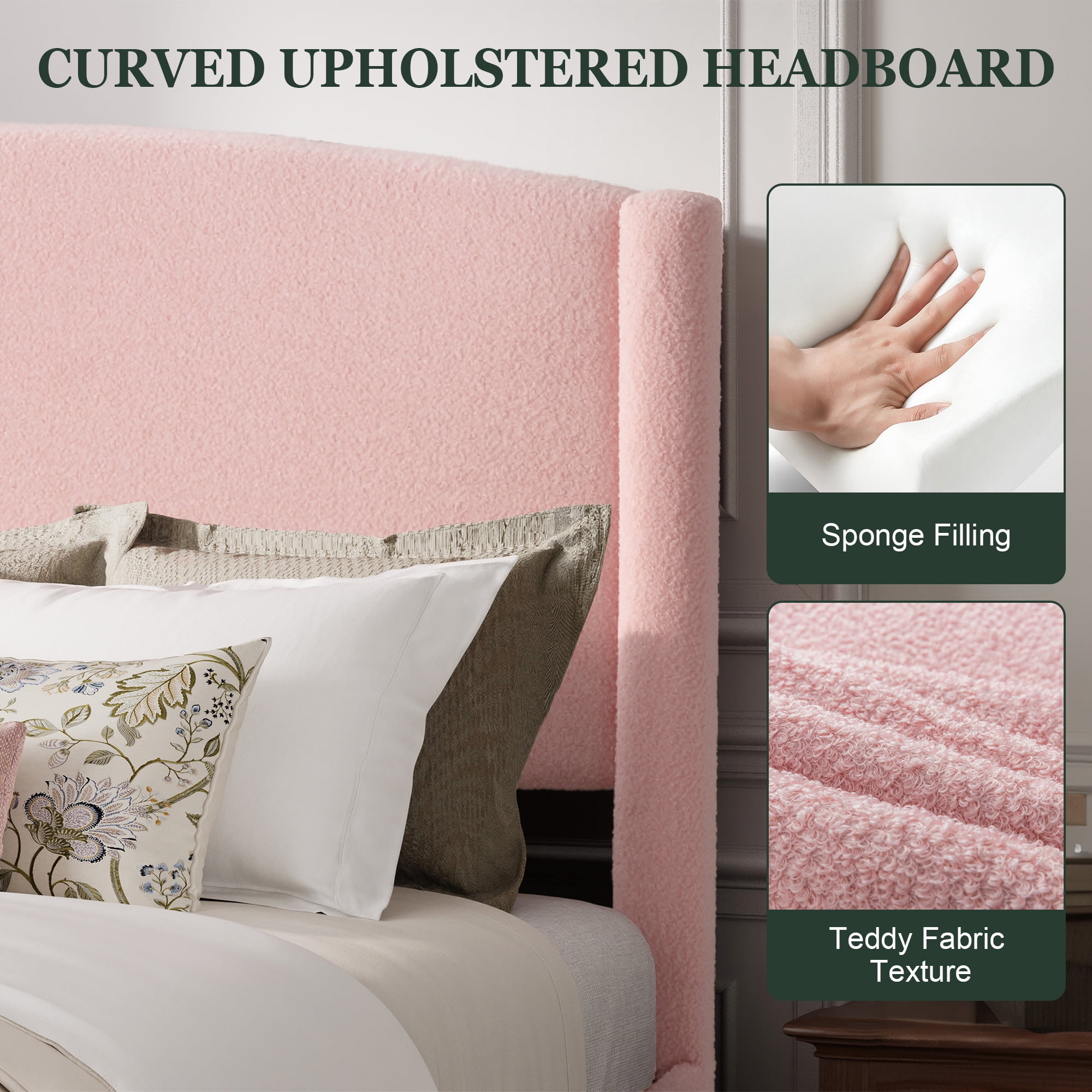 Amolife Full Bed Frame, Platform Upholstered Bed with Soft Teddy Fabric Curved Headboard, Pink