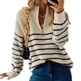 thumbnail image 3 of Women Fall Winter Half Zip Striped Pullover Sweaters Trendy V Neck Oversized Long Sleeve Knit Clothes Cream White S, 3 of 7
