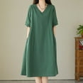 thumbnail image 6 of SMihono Stylish Midi Dresses for Women Casual V Neck Half Sleeve A Line Dress Flowy Swing Pleated Mid-Calf Length Dress with Pockets Green XL, 6 of 9