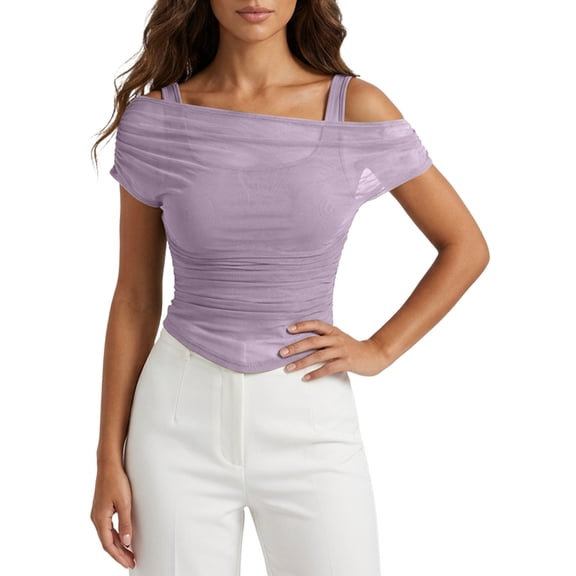 Daznico Women's Off Shoulder Mesh Layered Ruched Top with Double Straps Casual Summer Slim Fit Tops,M