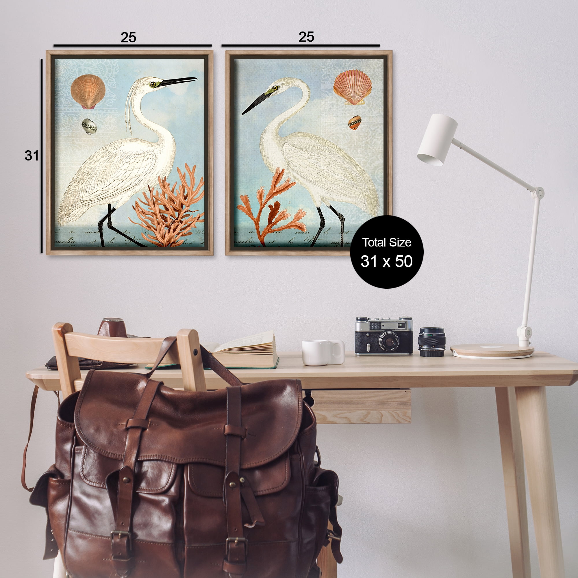 Stupell Industries Beach Items Shell Heron Egret Animals Painting Brown Floater Framed Canvas Art Print Wall Art, 31 x 25, Set of 2