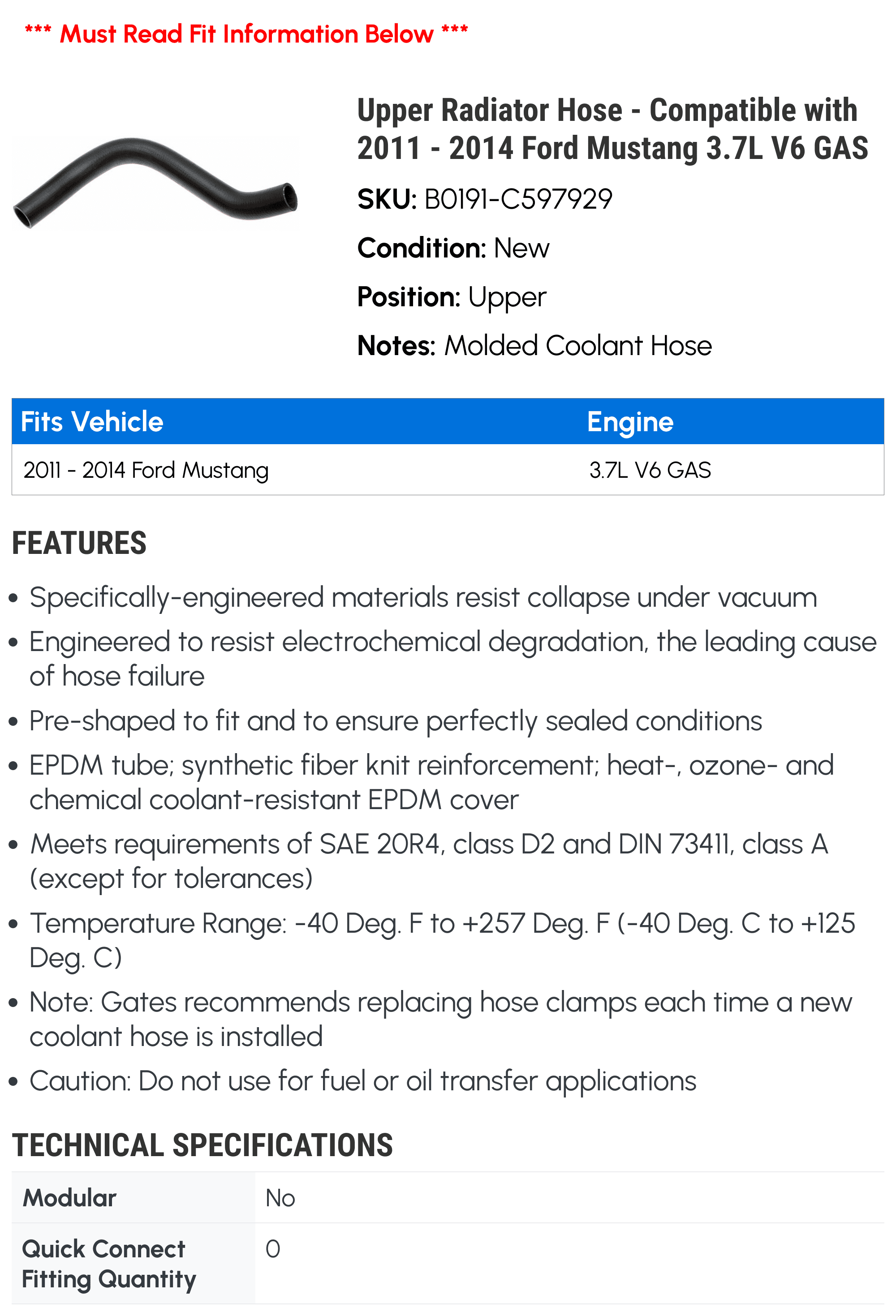 Upper Radiator Hose - Compatible with 2011 - 2014 Ford Mustang 3.7L V6 GAS 2012 2013