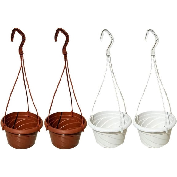 4 Pieces Plastic Hanging Flower Plant Pots Chain Basket Planter Holder Round Hanging Fence Railing Wall Planter Plant Containers for Outdoor Indoor Plants Home Garden Balcony Decoration White Red