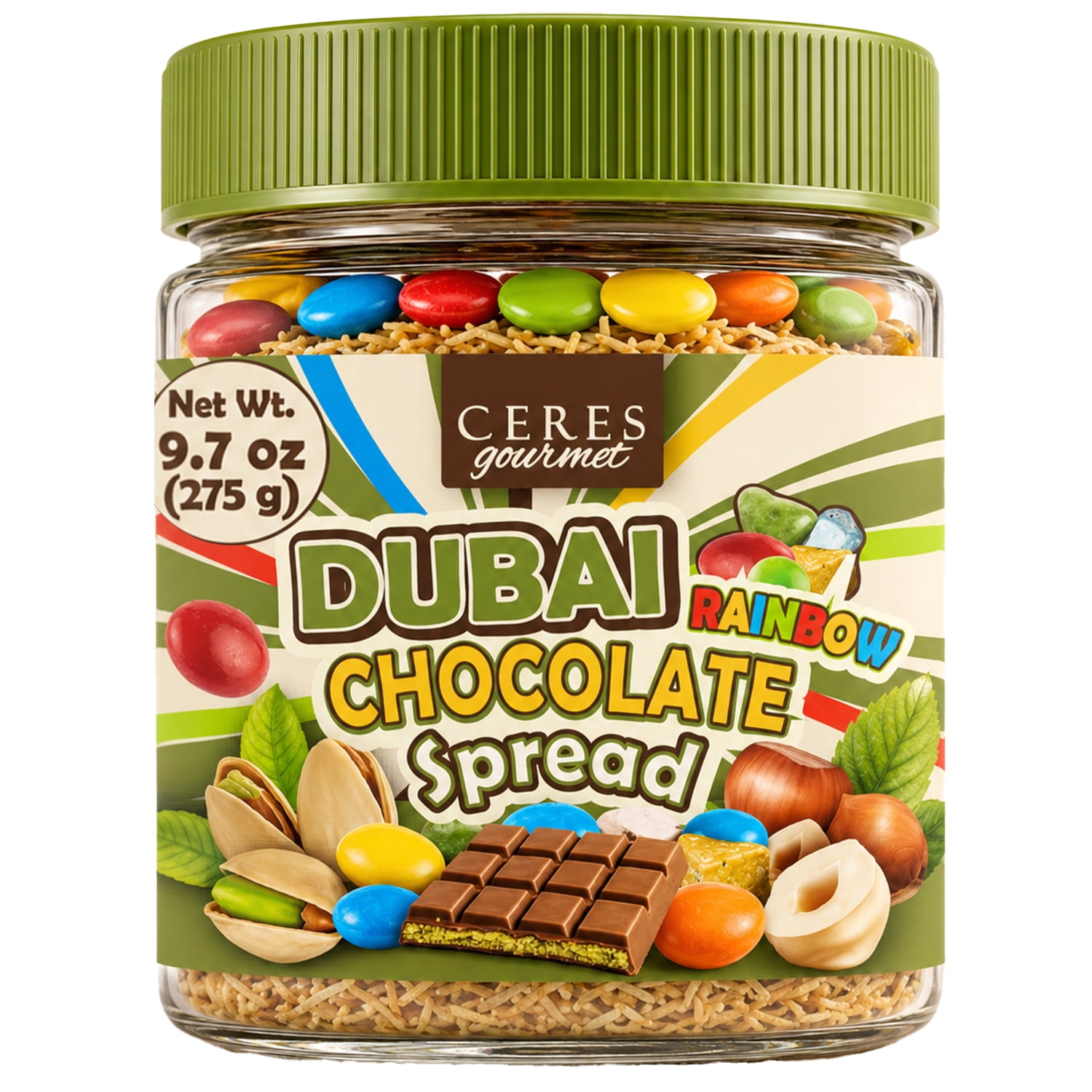 Ceres Gourmet Dubai Chocolate Spread with Candy-Coated Chocolate Pieces & Chocolate Pebbles | Pistachio Cream & Crispy Kataifi Phyllo | Belgian Chocolate | Gourmet Dessert & Breakfast Spread | 9.7 oz
