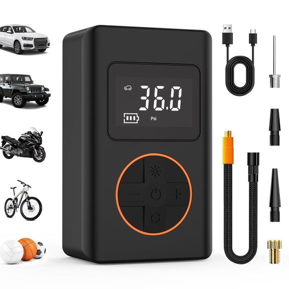 Tire Inflator Portable Air Compressor, Cordless Mini Bike Pump with Digital Display, 150 PSI Car Tire Air Pump with LED Light and Pressure Gauge for Auto, Motorcycles, Bikes, Balls