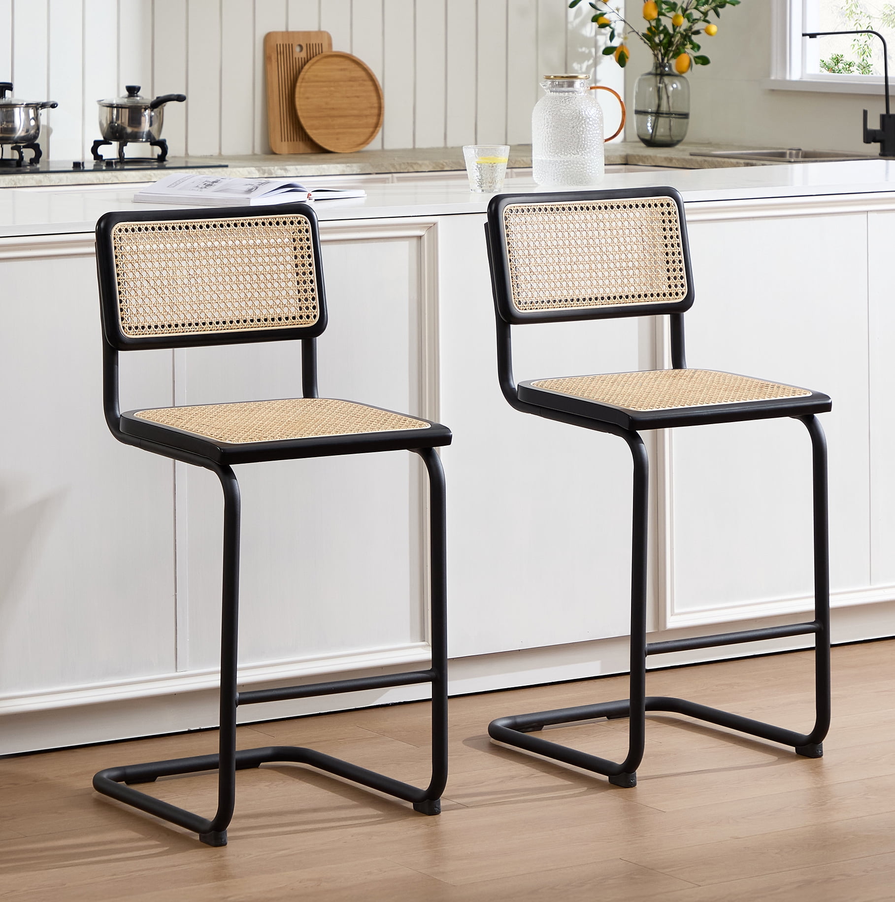 Zesthouse Rattan Counter Height Bar Stools Set of 2, 24.8" Counter Height Chairs with Cane Back, Mid Century Modern Barstools for Kitchen Island, Black