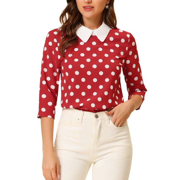 INSPIRAR CHIC Blusa de Mujer con Cuello Peter Pan en Contraste, Mangas 3/4, Talla XS, Rojo y Blanco