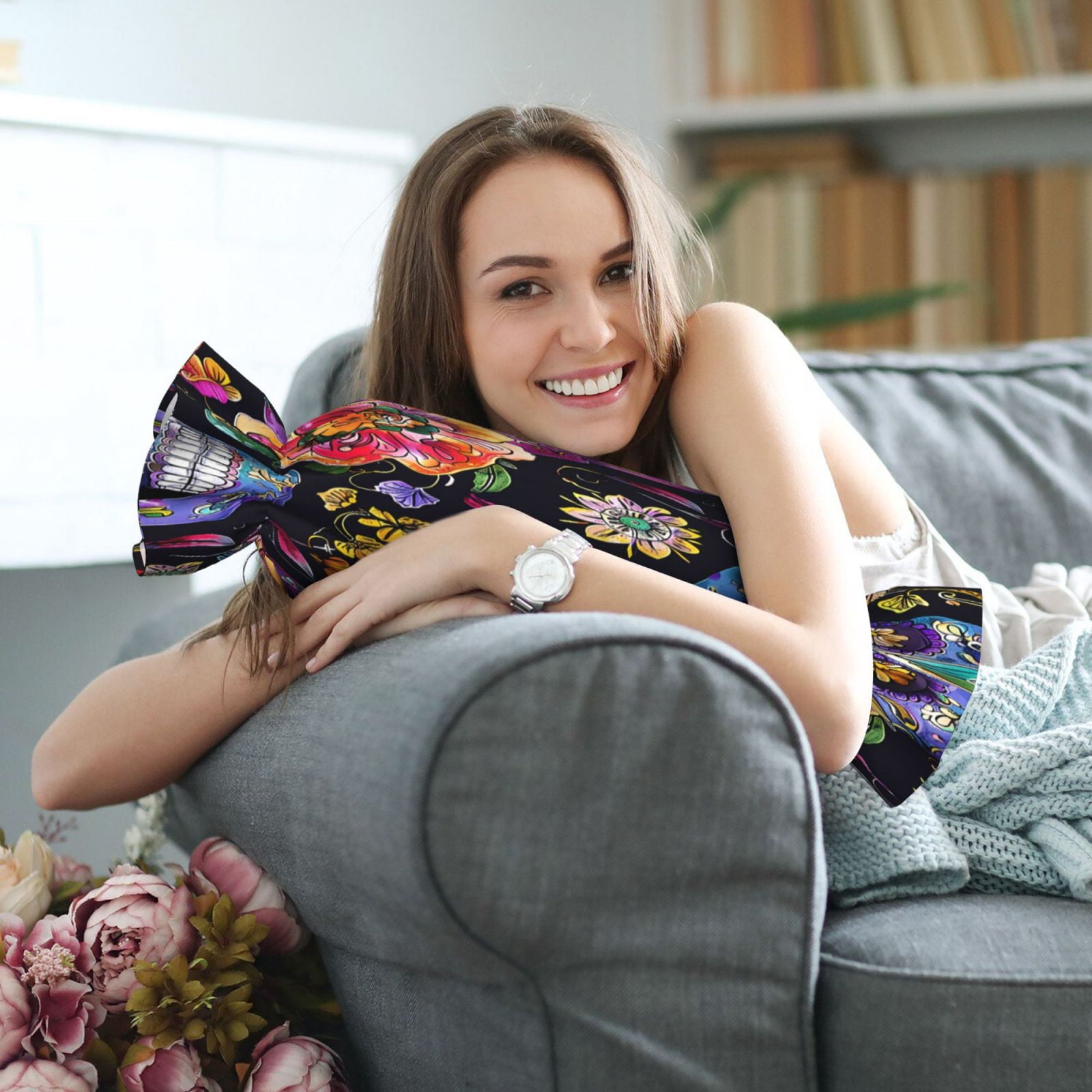 Candy Throw Pillow Travel Cervical Pillow Cylindrical Neck Body Cushion With Insert For Bed Couch Home Decor 9.8x24.4in Festive Sugar Skulls (7)
