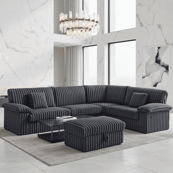 Homfa L-Shaped Corduroy Modular Sectional Sofa with Ottoman, 5-Seater Chaise Lounge with USB Charging Ports & 2 Throw Pillows, Dark Grey