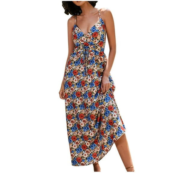 Summer Savings Clearance! Enjoytime Sundress Dresses for Women 2024 Casual Retro Classic V-Neck Spaghetti Strap Midi Dress Flower Printed Waist Wrap Women Hawaiian Dresses