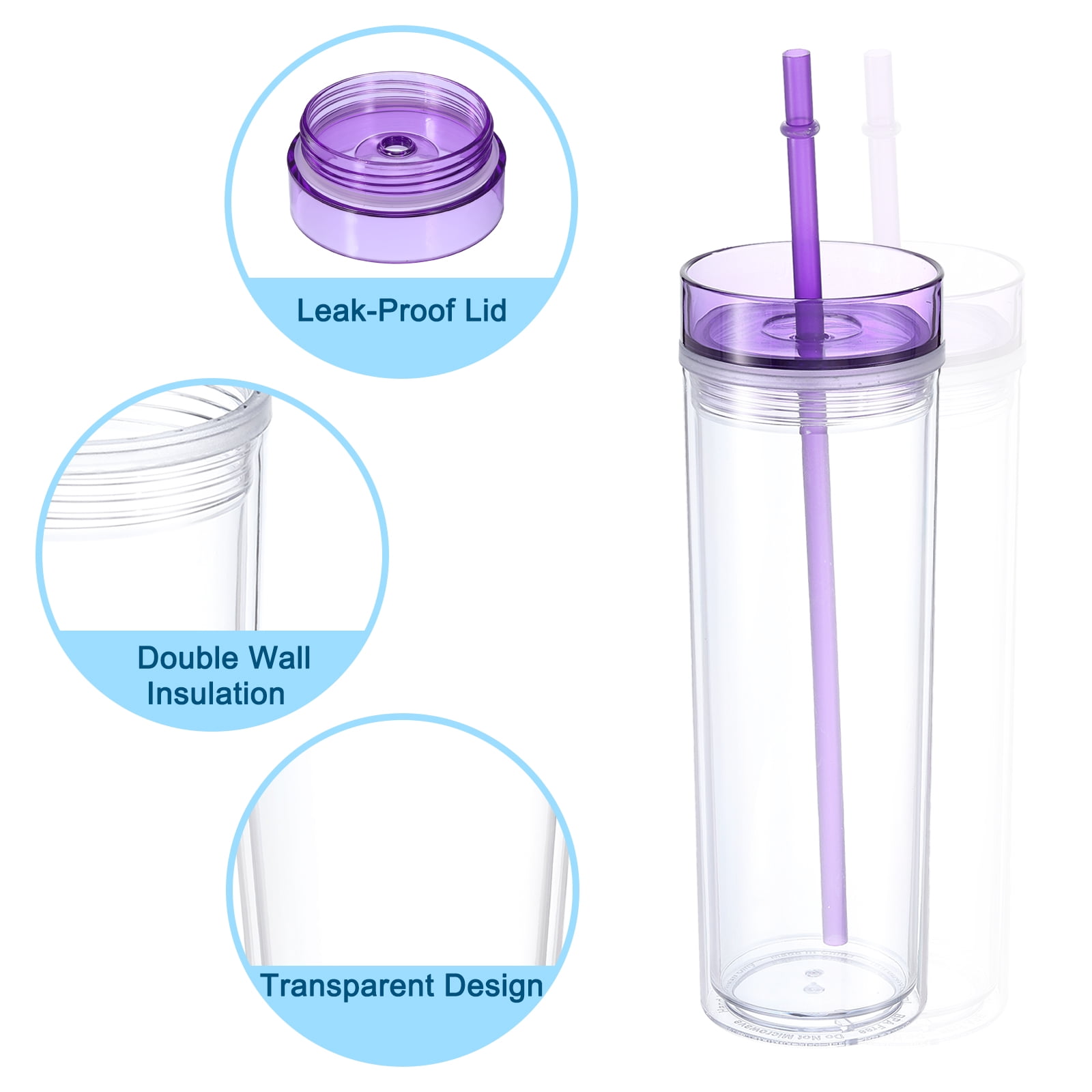 Lot De 24 Gobelets Skinny Transparents 16 Oz – Avec Couvercles Et Pailles – Double Paroi