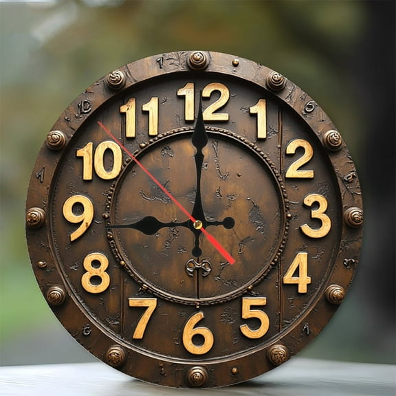 Vintage Bronze Metal Wall Clock Large Roman Numerals 10-Inch Silent Wooden Wall Clock, Battery Operated (AA Batteries Not Included), Artistic Home Decor