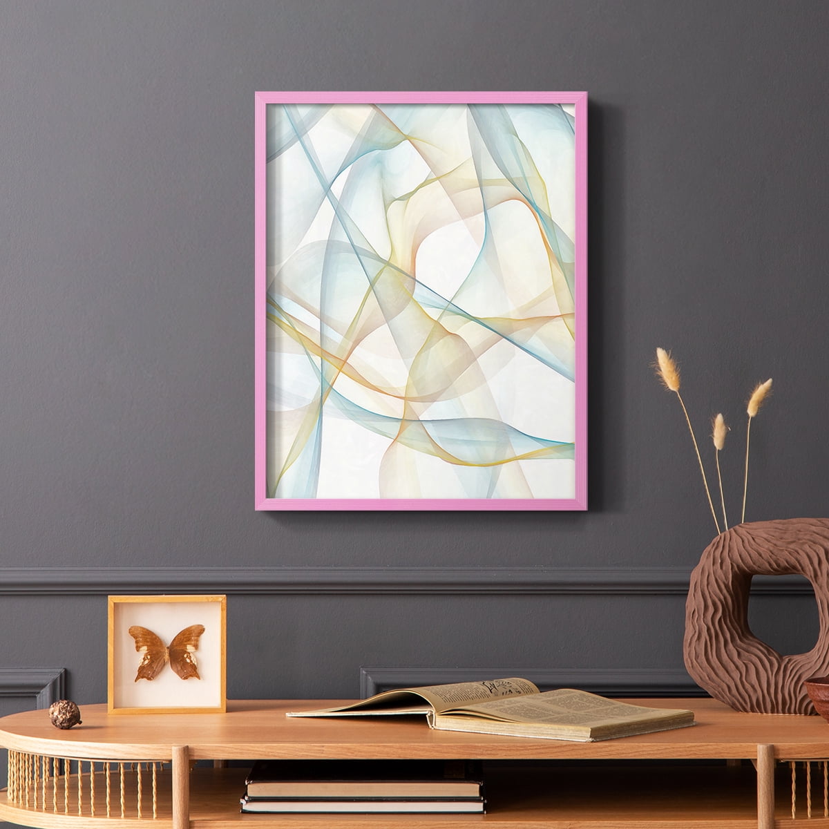 Curves and Waves III Framed Print in Pink Solid Wood Framed Print No Nail Hanging