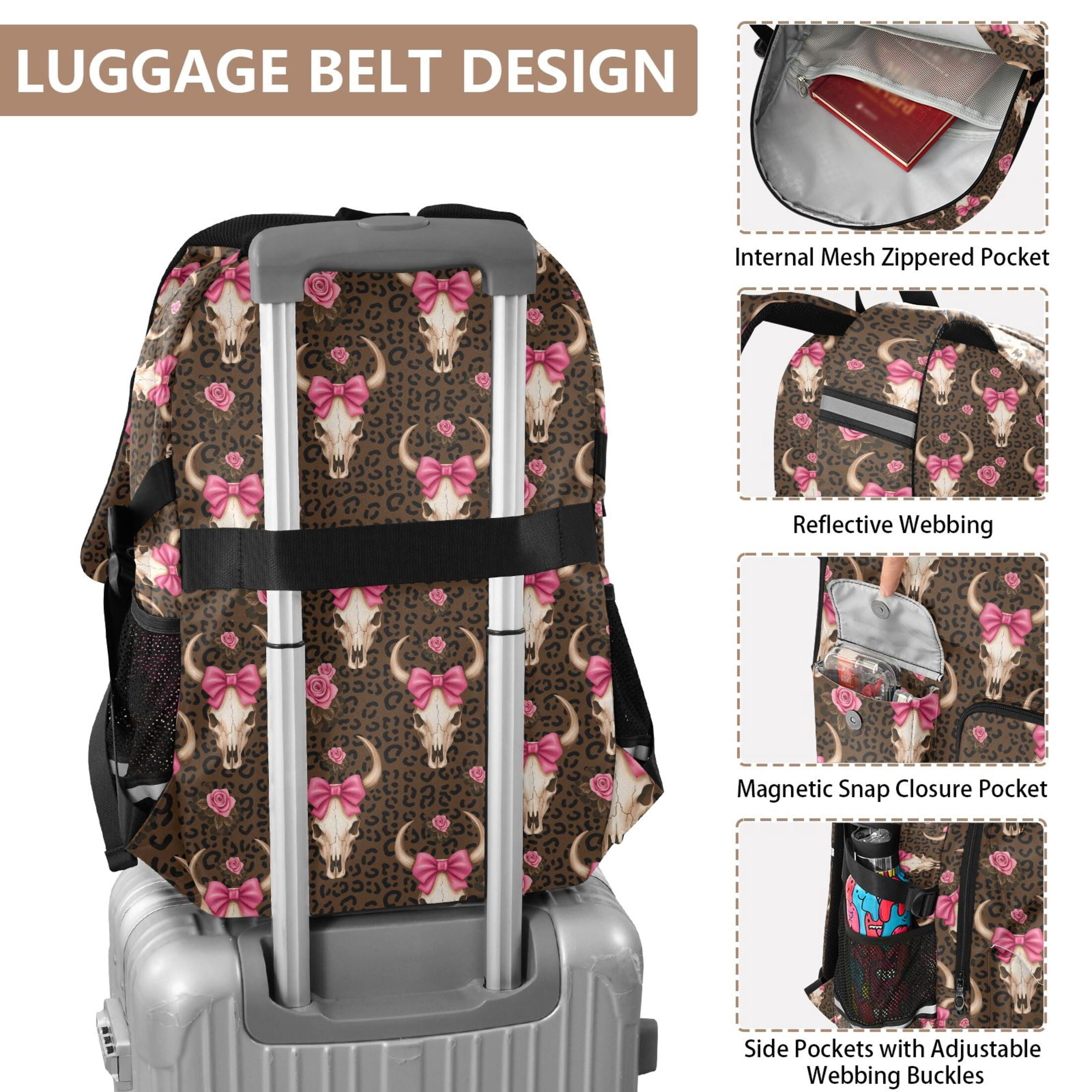 ALAZA Bows Cow Skull Leopard Print Student Backpack School Bookbag Large Laptop Daypack Travel Bag