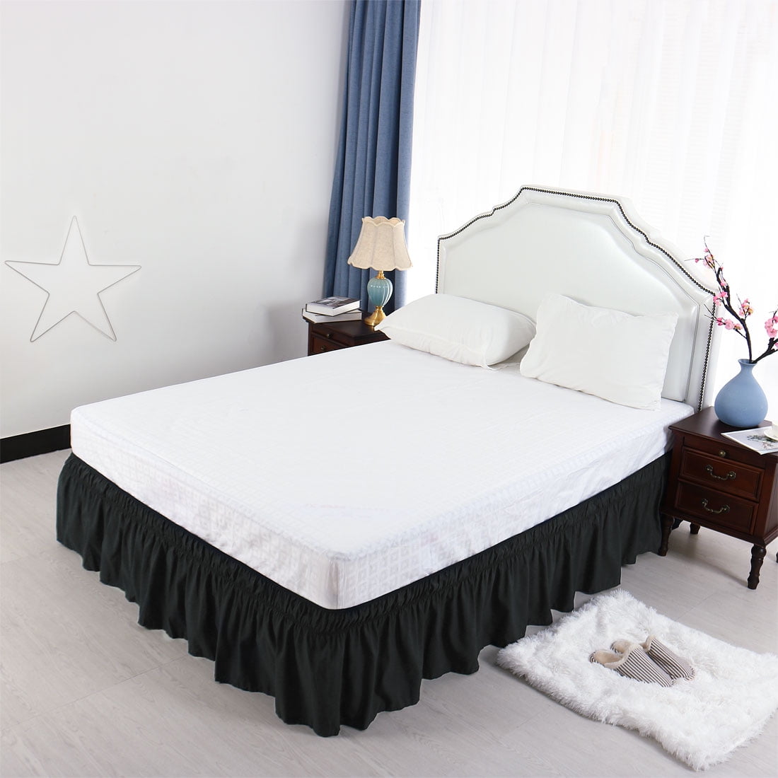 Unique Bargains Polyester Elastic Dust Ruffled Bed Skirt with 15" Drop King Black