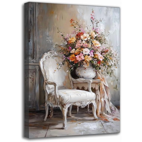 Vintage Farmhouse Flowers And Chair Canvas Wall Art Print - Framed Floral Oil Painting, Wall Decor For Living Room Dining Area Bedroom Bathroom Spring/Summer Room Decoration (12W X 18L)