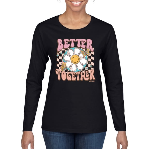 Wild Bobby Retro Better Together Daisy Smiley Face Checkered Background Vintage Women Graphic Long Sleeve Tee, Black, Small