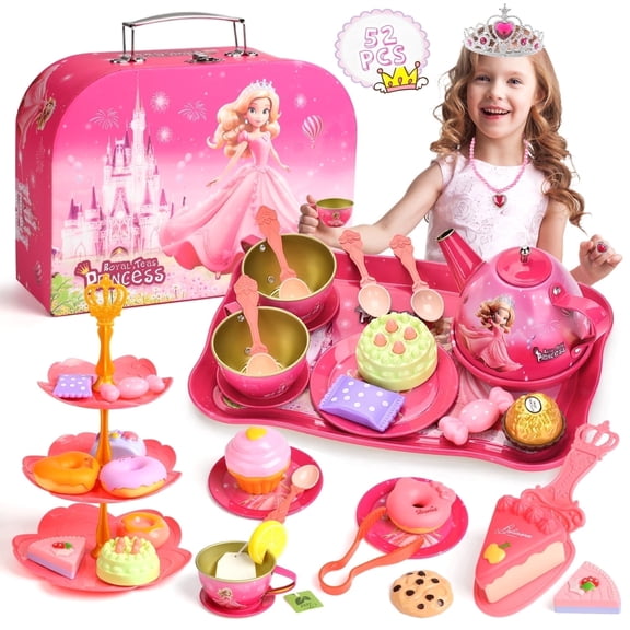Huge Wave Princess Toys for Girls, 52PCS Tea Party Set, Gift for Girls Age 3 4 5 6  Years, Pretend PlayToys with Carrying Case, Toddler Girls Christmas Birthday Gift