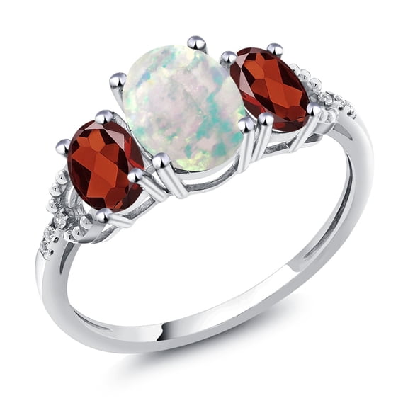 Gem Stone King Diamond Accent 10k White Gold (2.10 Ct) White Simulated Opal Red Garnet Ring (Size 6)