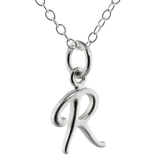 Sterling Silver Tiny Initial Letter R Charm Necklace, 18" Chain, Cursive Handwriting
