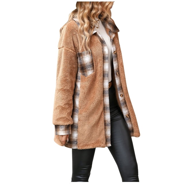 Besolor Veste en Peluche à Carreaux pour Femmes, Manches Longues, Col à Revers, Boutons, Décontractée pour l'Hiver