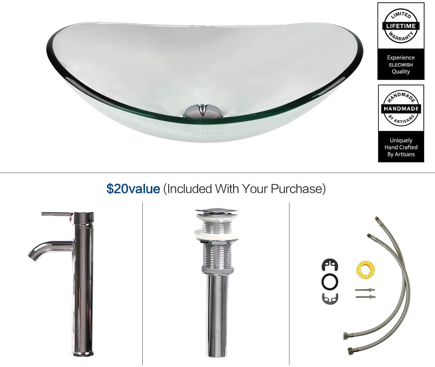 ELECWISH Bathroom Frosted Vessel Sink Tempered Glass Basin Chrome Faucet Pop-up Drain Combo