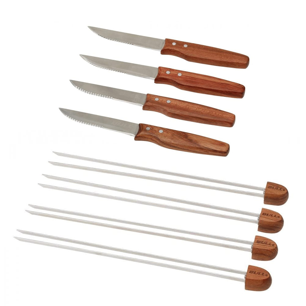 Bull Orchard Steel Steak Knives, 4 Pack & Hardwood Handle Double Prong
