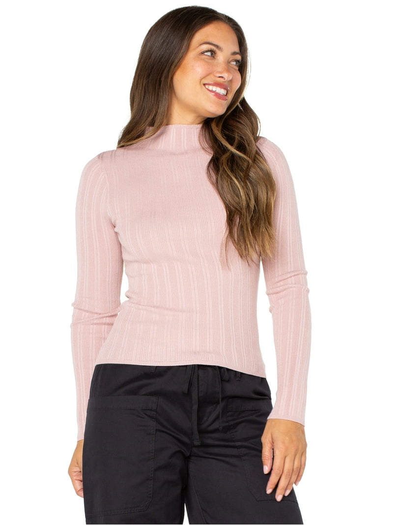 Celebrity Pink Women's Mock Neck Rib Top with Long Sleeves