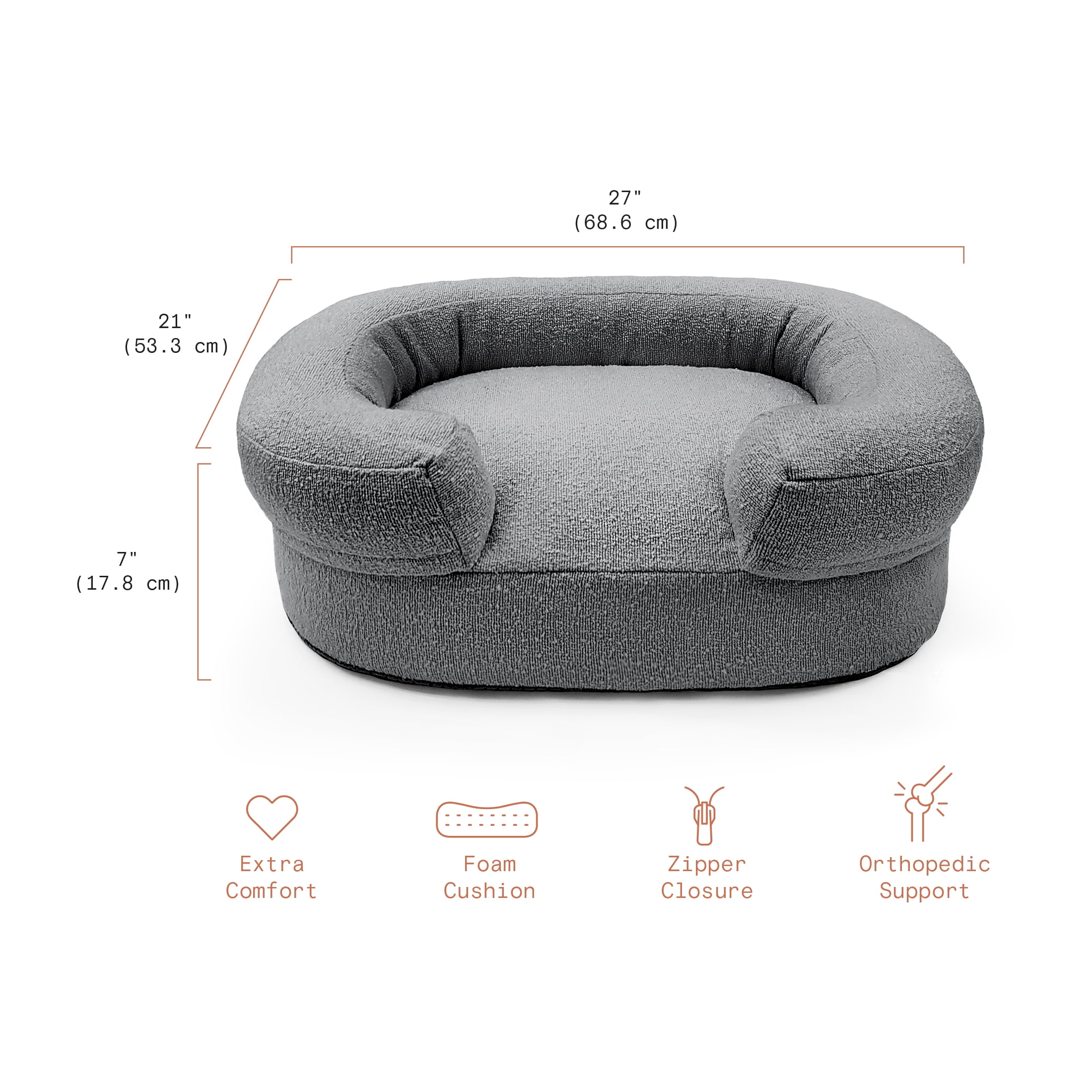 Beautiful by Drew Barrymore Bolster Small Pet Bed, Charcoal, 21 x 27 x 7 in