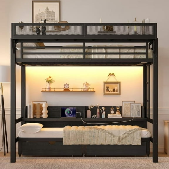 Twin XL over Twin XL Bunk Bed with Storage Shelves and Drawers,Multifunctional Metal Bunk Beds with USB Ports and LED Lights, Lower Bed that can be converted into a sofa, Black
