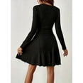 thumbnail image 4 of Vestido Corto de Punto Acanalado de Larga para Mujer, Otoño e Invierno, Cuello en V, Informal, Corte A Negro L, 4 of 9