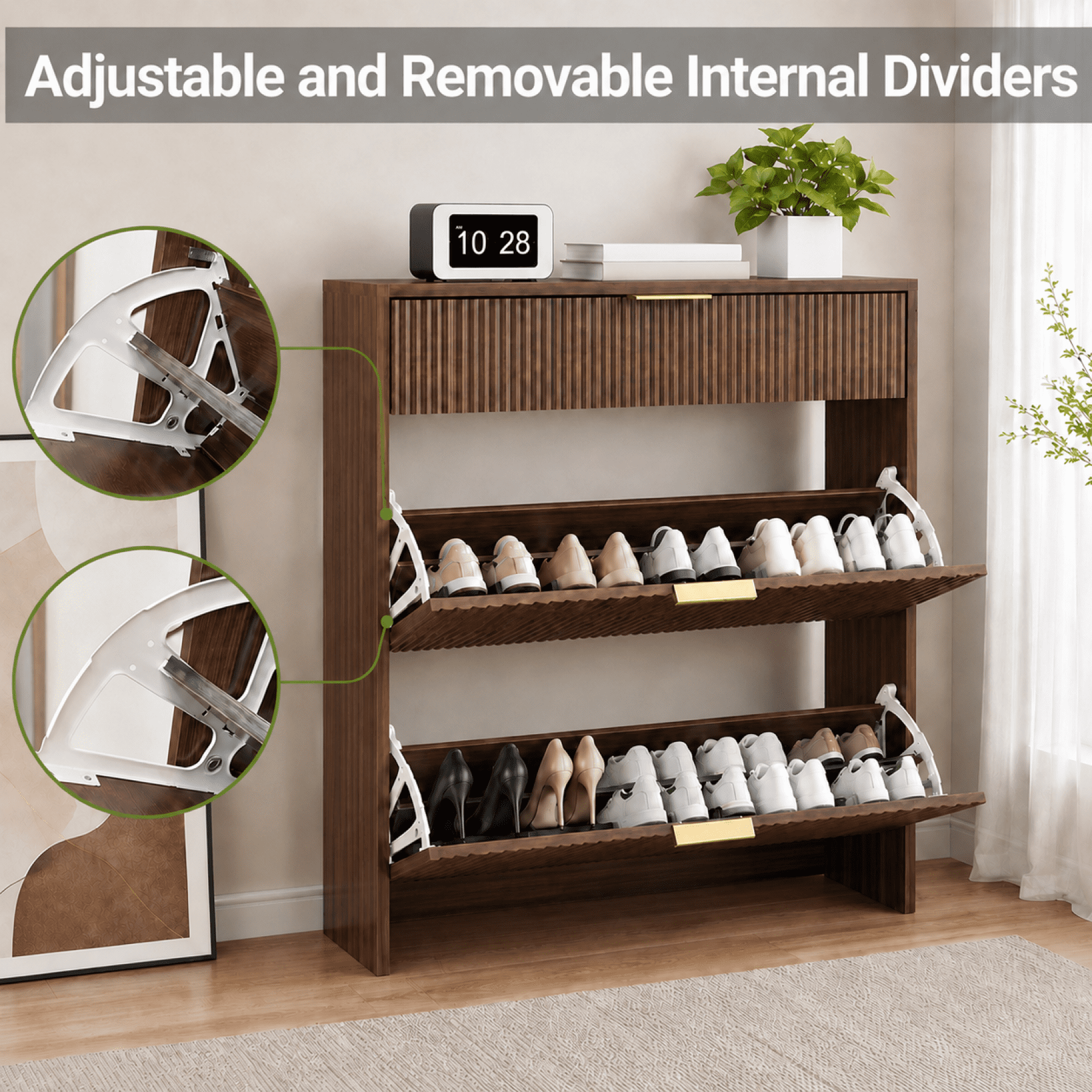 Leumius Shoe Cabinet with 2 Flip Drawers and 1 Drop-Down Drawers,Hidden Wood Shoe Cabinet,Freestanding Shoe Storage Cabinet for Entryway Hallway,Walnut