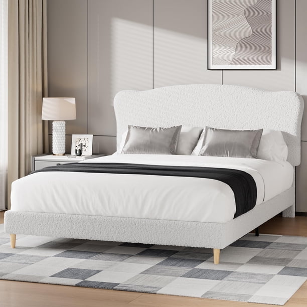 Cama Queen tapizada en bouclé blanco con cabecera ajustable – Marco bajo, esquinas redondeadas, robusta, fácil montaje – Color Pure white, tamaño QUEEN