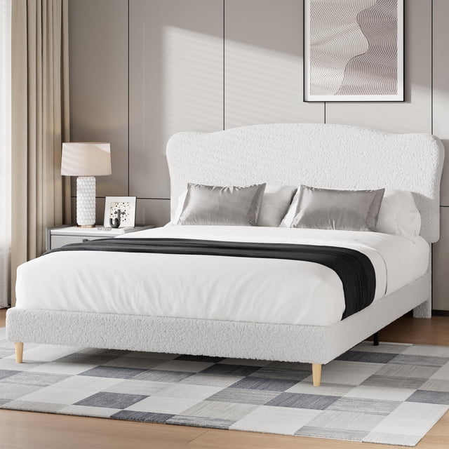 Cama Queen tapizada en bouclé blanco con cabecera ajustable – Marco bajo, esquinas redondeadas, robusta, fácil montaje – Color Pure white, tamaño QUEEN
