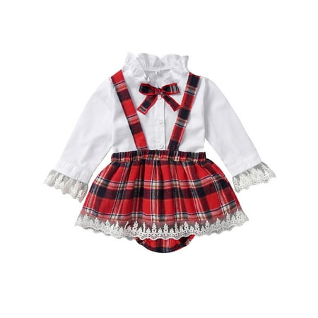 KidPika Christmas NewBorn Kid Girls Plaid Blouse Suspender Skirt 2Pcs Sets Baby Outfits
