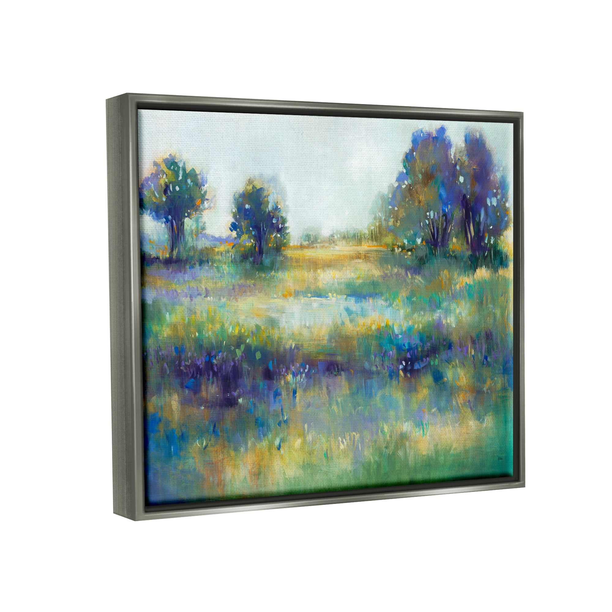 Stupell Industries Wetland Watercolor Landscape Abstract Blue Green Painting Luster Gray Framed Floating Canvas Wall Art, 16x20, by Third and Wall