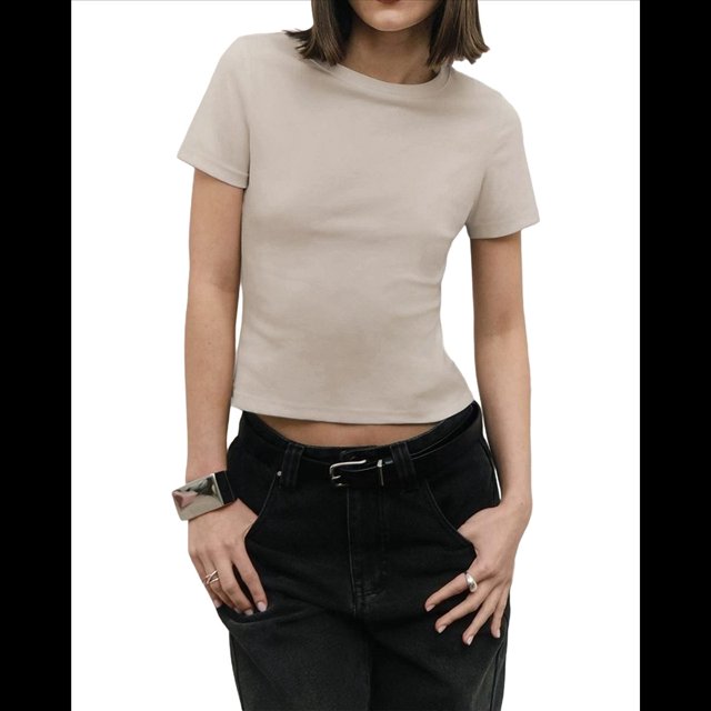 Camisetas de Algodón para Mujer, Cuello Redondo, Corta, Básicas, Informales, de Verano, Color Café , S