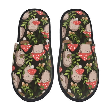 Balery Edgehog and Mushrooms Slient Indoor Furry Fleece Comfort House Shoes Soft Non-Slip Home Shoes Cotton slippers House Slippers-- Large