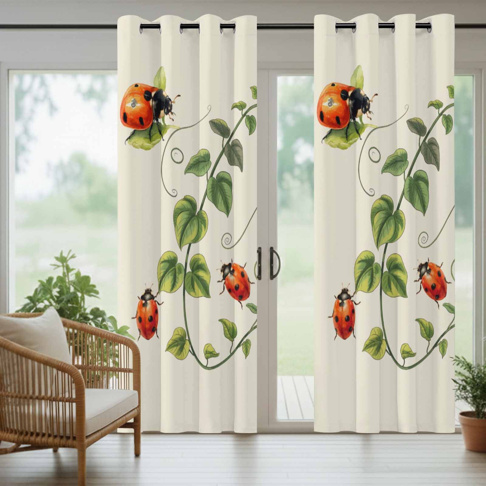 Outdoor Curtains for Patio Waterproof, Ladybugs Eucalyptus Outdoor Privacy Panels Grommet, Spring Botanical Leaves Green Blackout Outside Curtains for Porch/Cabana/Pergola/Gazebo 54"x108", 2 Panels