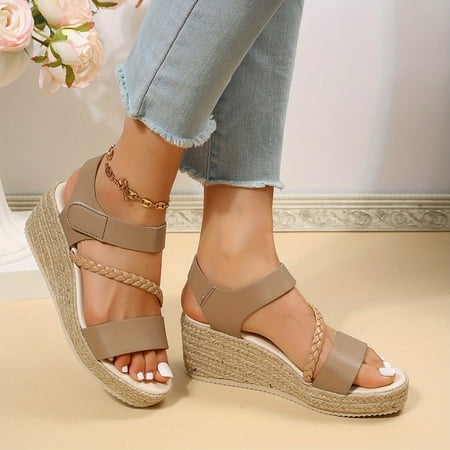 

Wedge Espadrilles Sandals Open Toe Braided Strap Hook & Loop Platform Shoes Summer Beach Sandals