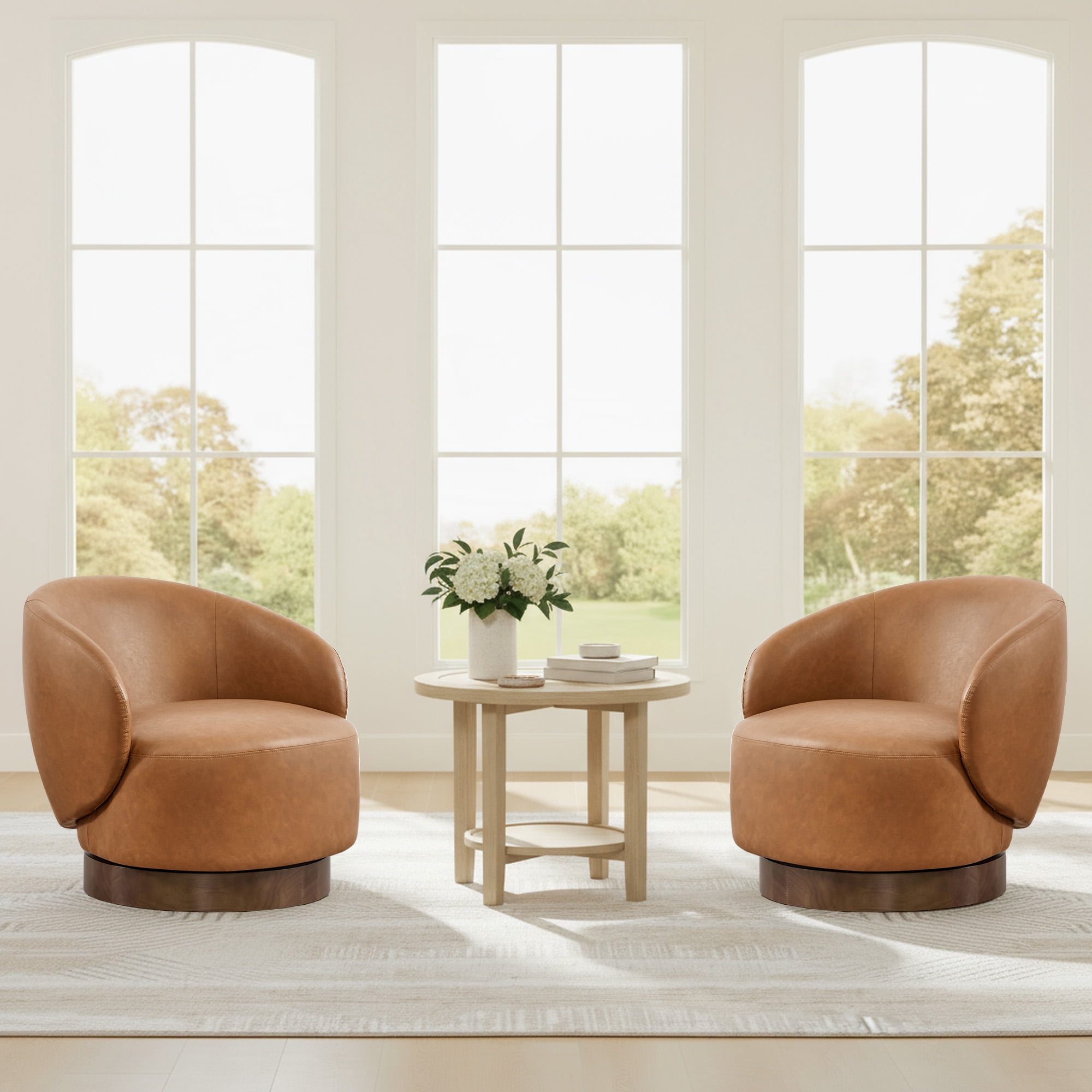 Spruce & Spring Upholstered Swivel Accent Chair with Curved Back Single, Saddle Brown-Faux Leather