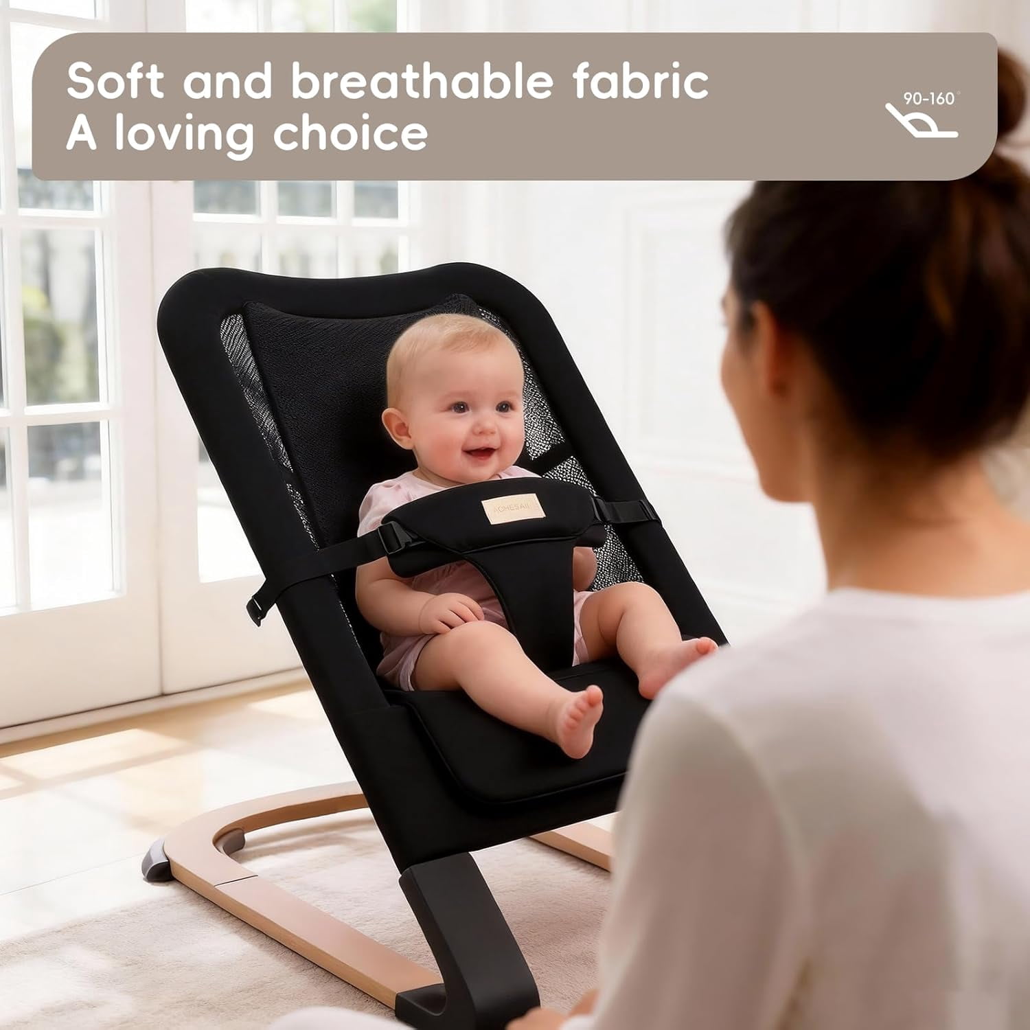 Portable Baby Bouncer & Rocker Seat for Infants, Adjustable Reclining Baby Chair with 3-Point Safety Harness, Lightweight Foldable Design for 0-18 Months, Supports Up to 60 lbs, Black