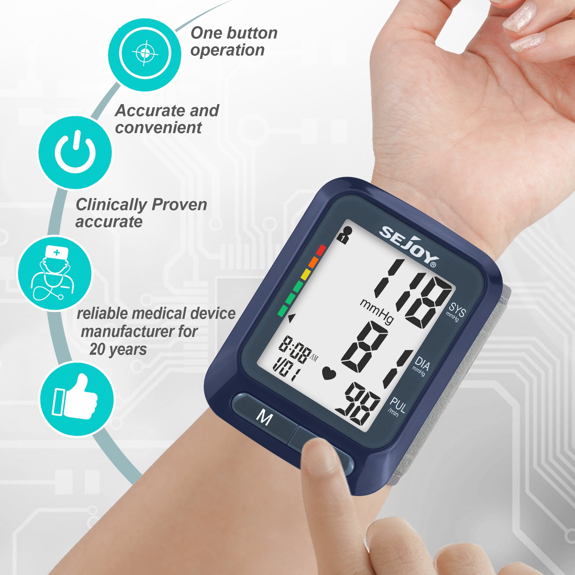 Sejoy Automatic Digital Blood Pressure Monitor Wrist Cuff