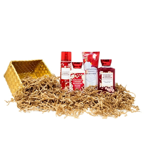 Bath and Body Works Japanese Cherry Blossom Gold Woven Basket 4 Piece Gift Set - Fragrance Mist - Body Cream - Shower Gel - Body Lotion - Full Size