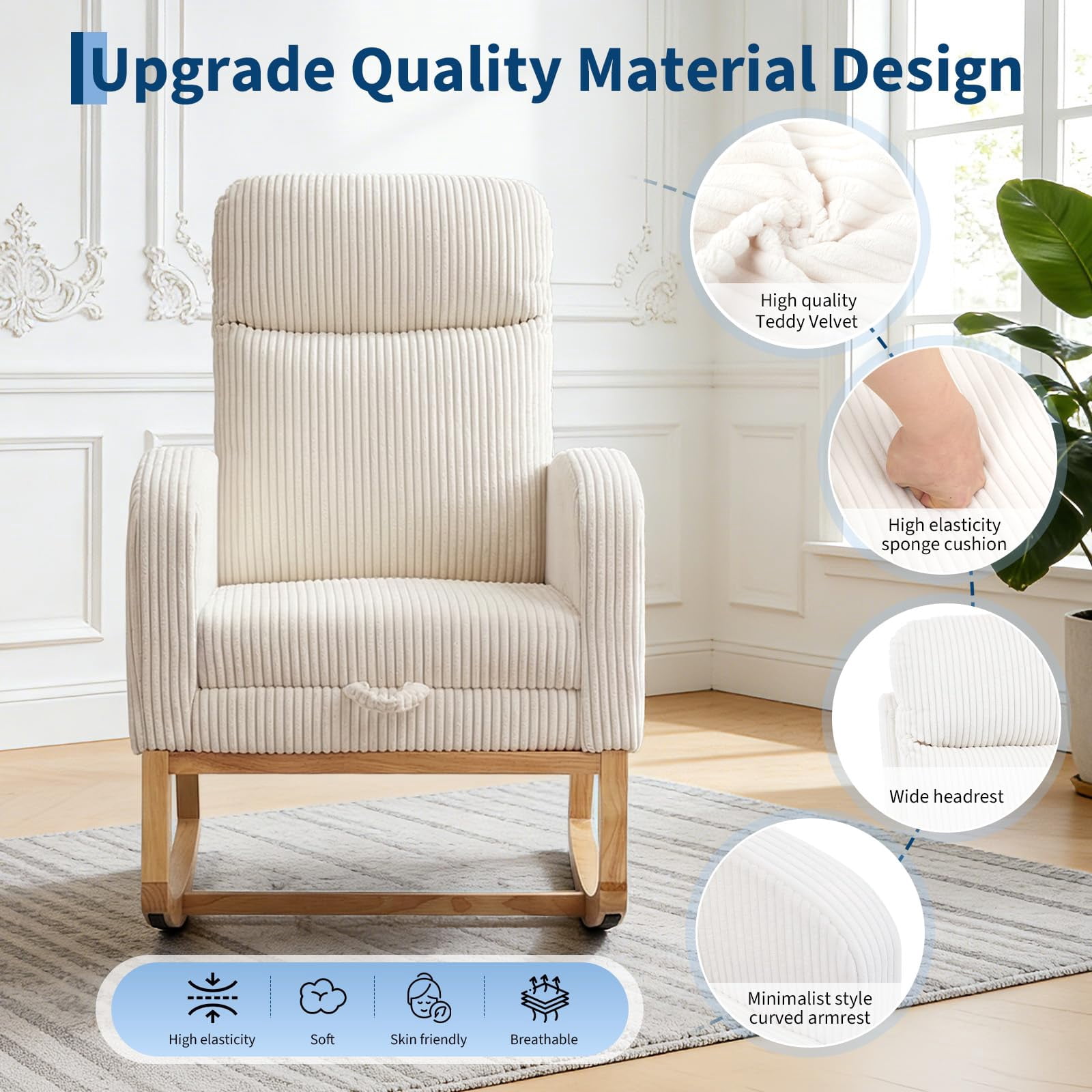 Rocking Chair Nursery, Corduroy Upholstered Glider Rocker Modern Padded Armchair with Adjustable Footrest, Tufted Back, Side Pocket, Compact Wooden Legs, Beige