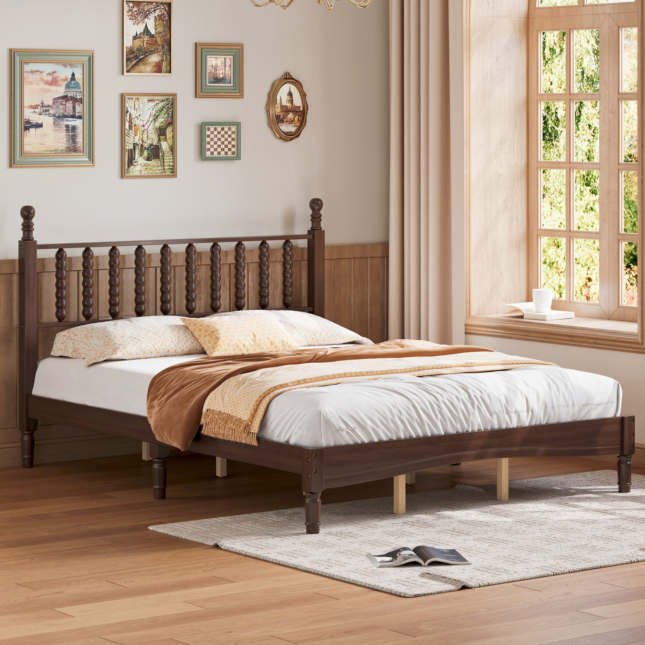 Noble House Queen Size Wood Platform Bed with Gourd-Shaped Headboard, Retro Wooden Bed Frame with Slat Support, Walnut