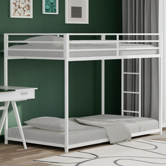 Miniyam Twin over Twin Metal Bunk Bed with Side Ladder for Kids and Teens, White