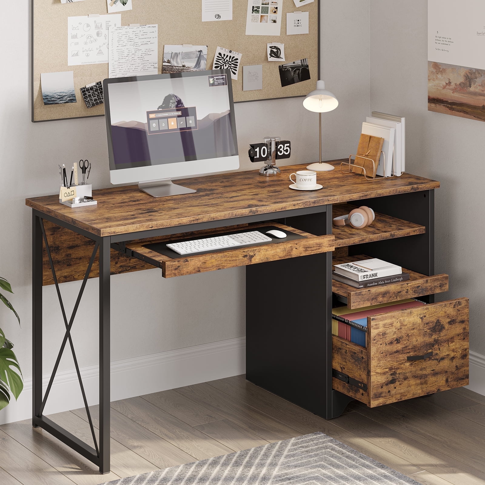 Bestier 47 inch Computer Desk with Storage File Drawer & Keyboard Tray, Home Office Writing Desk Work Study Table for Small Space, Rustic Brown